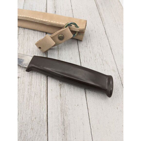 Stainless Utility Knife 7" Blade Brown Handle 11 1/2" Long Leather Sheath - Picture 2 of 8